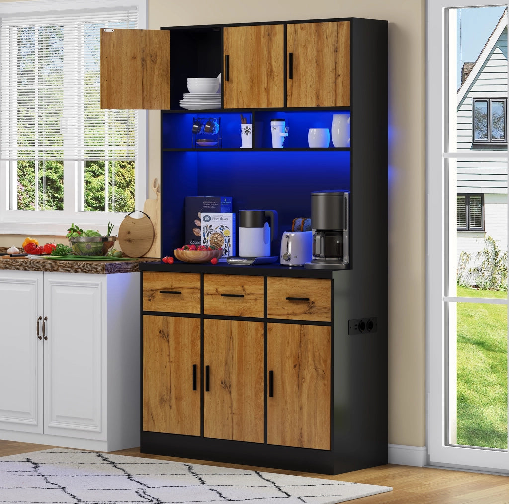 Mobile cucina 100x40x180 cm con LED e controllo APP; 3 cassetti; MDF; nero e naturale