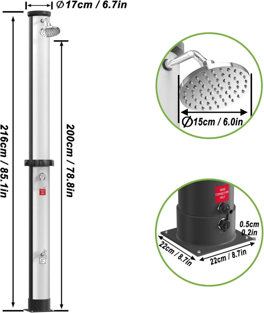 Doccia solare da giardino, 40 l, con cappa protettiva, per esterni, con rubinetto, soffione a pioggia, per giardino, piscina, campeggio, fino a 60 °C, colore: argento