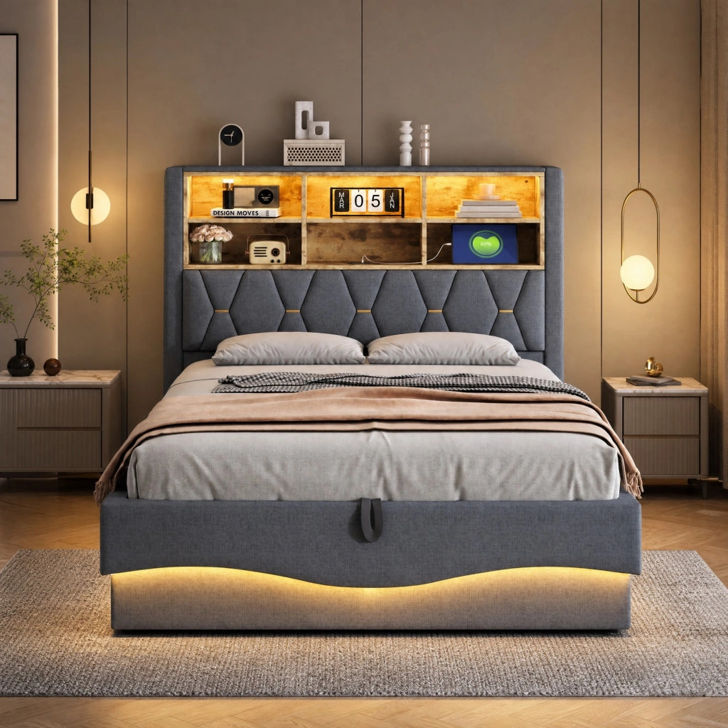Letto matrimoniale 140x200 cm con contenitore; LED controllabile via app e USB; grigio