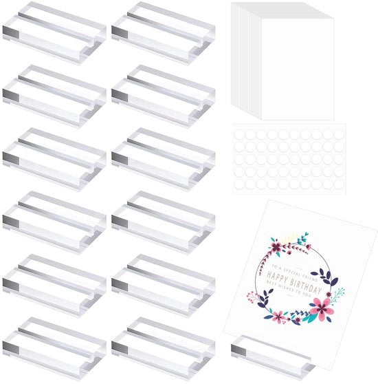 Set di 12 cartellini per biglietti, contenitore per cartoline in acrilico, supporto per tavolo, contenitore per cartoline, cartellino per menu, etichette per ristoranti, matrimoni, banchetti, feste, supporto per foto con 20 cartoline e 50 adesivi