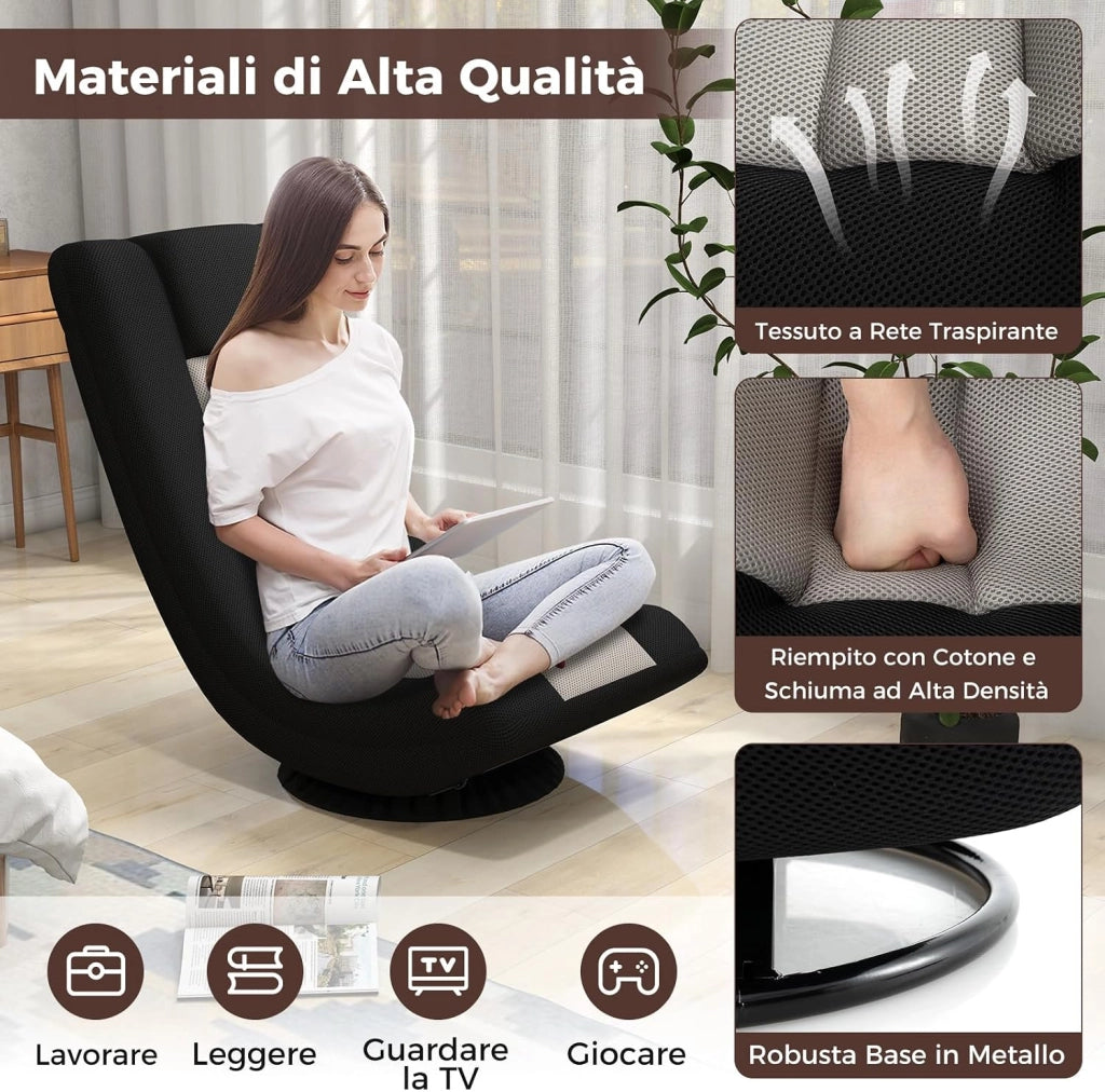 Sedia da Pavimento Pieghevole, Girevole a 360°, Sedie da Terra con 4 Posizioni Regolabili, Sedia per Lettura Gaming, Portata 140 kg (Grigio)