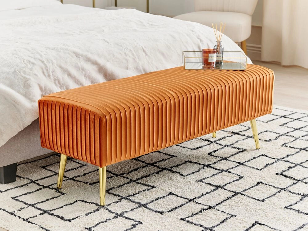 Panca Velluto Arancione Imbottito Gambe In Metallo dorato 118 cm Glamour Soggiorno Camera Da Letto Corridoio