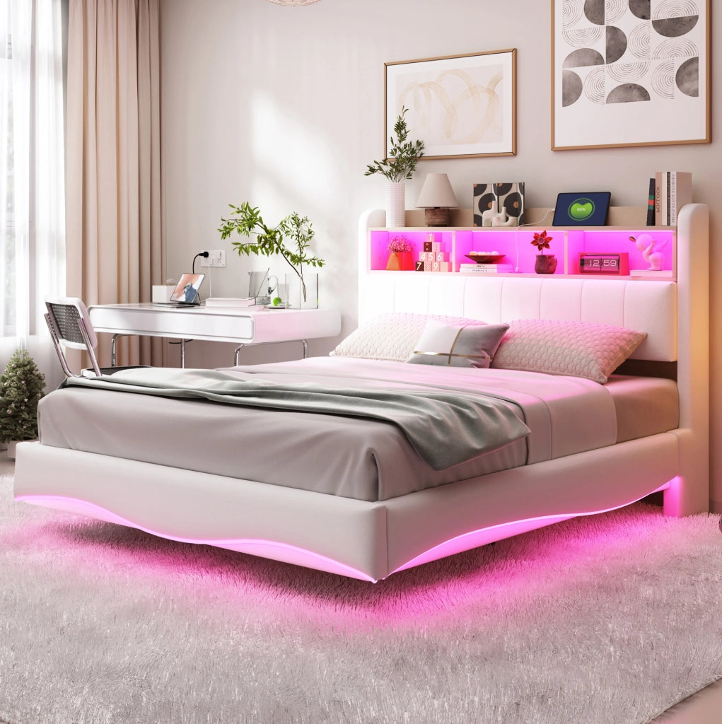 Letto matrimoniale imbottito sospeso 140x200 cm con LED; USB e Type-C; beige