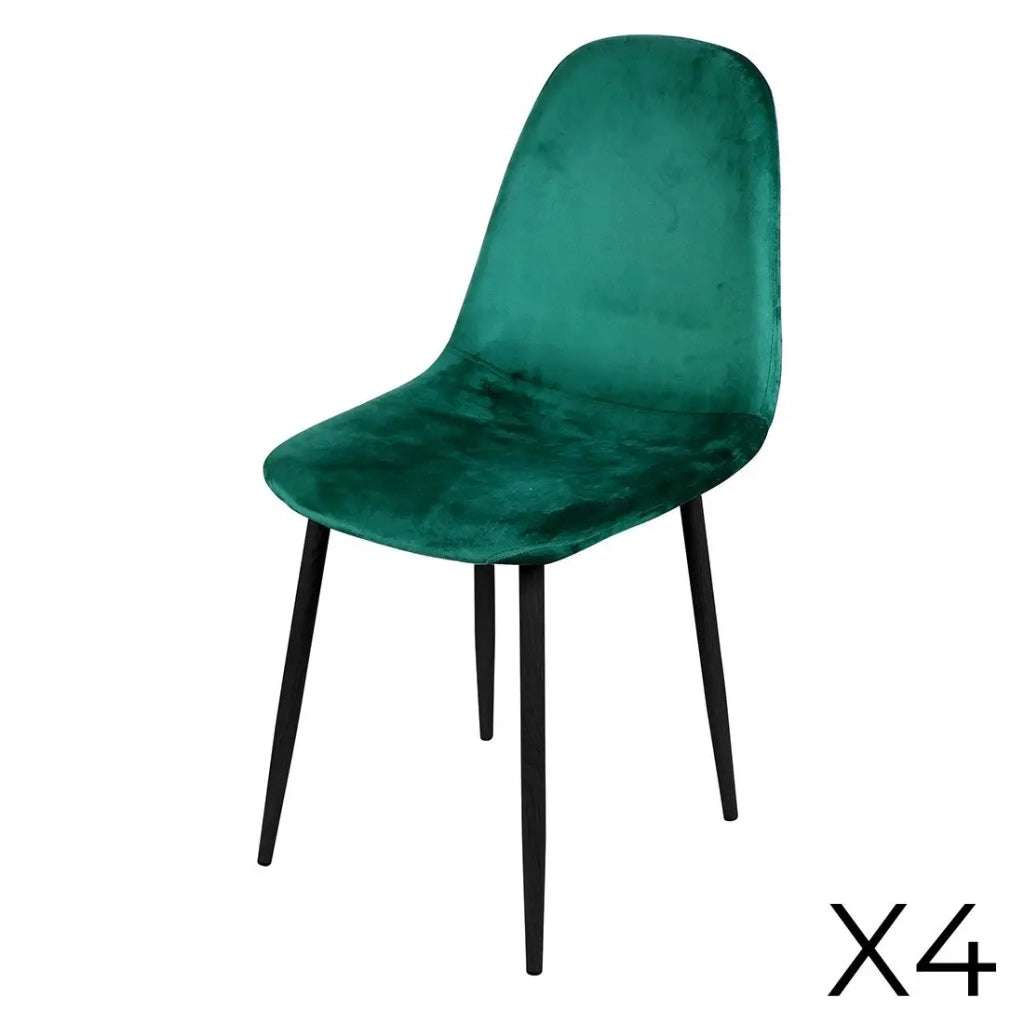 Set di 4 sedie LOLY, seduta e schienale in velluto verde, struttura in metallo nero.