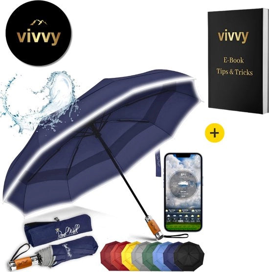 Parasole da spiaggia con tasca portatile resistente al vento - Parasole UV resistente con misuratore di vento - Ombrello pieghevole con bordo riflettente - Incluso l'app e la tasca di stoccaggio
