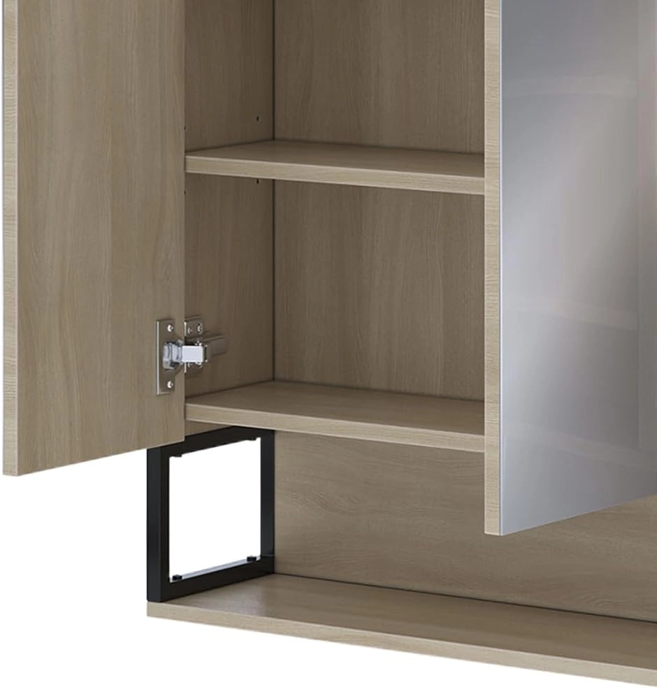 Mobile a specchio per il bagno Vionna, Quercia/nero, 80 x 71.5 cm con luce LED, con ripiano interno regolabile in altezza per un utilizzo flessibile