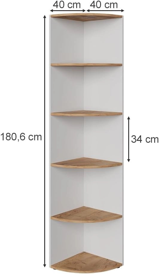 Scaffale d'angolo Ecki, Rovere bianco/dorato, 40 x 180 cm, per montaggio a parete con tre ripiani aperti
