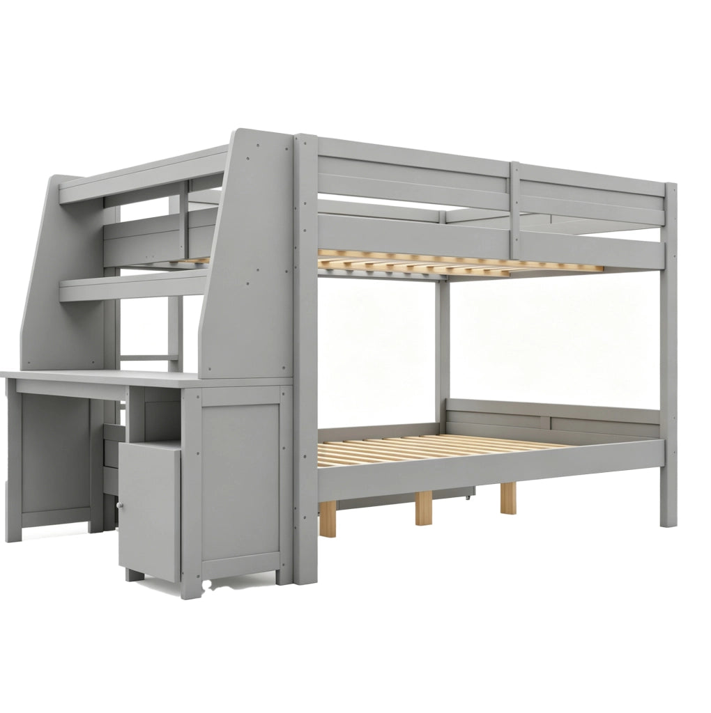 Letto a castello 140x200 cm con scrivania, cassetti e ripiani in grigio
