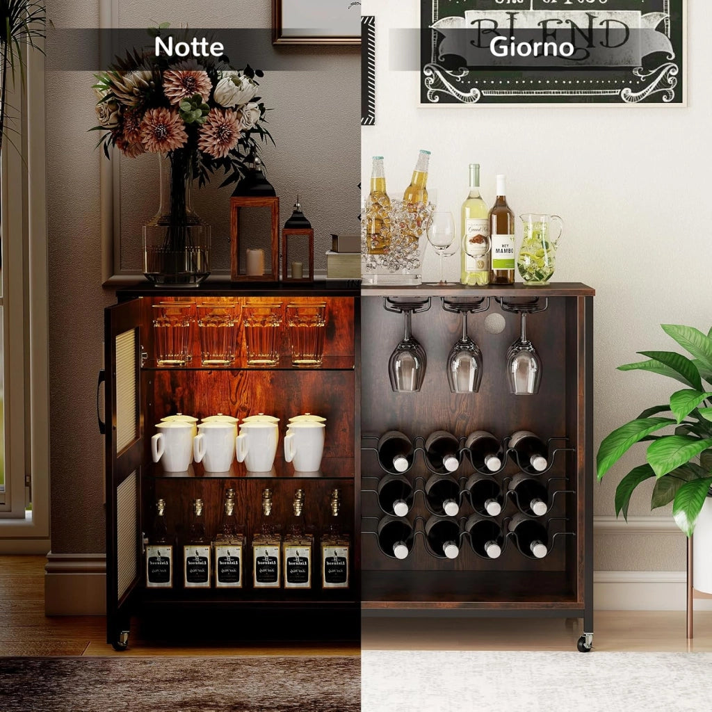 Mobile Bar per Vino con Luce LED, Credenza Buffet da Cucina con Ruote, Ripiani Regolabili, Supporti per Bicchieri e Bottiglie, per Sala da Pranzo e Soggiorno, 108 × 40 × 81 cm