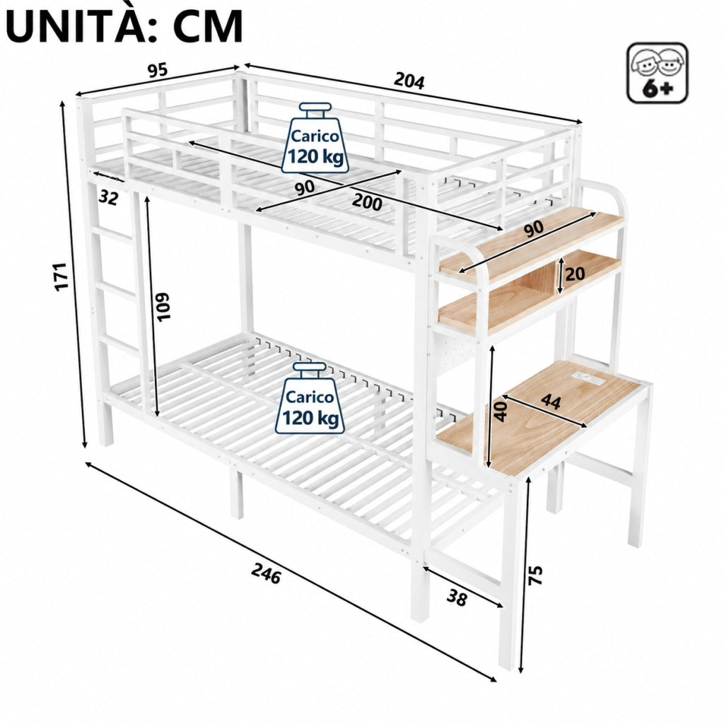 Letto a castello bianco 90 per 200 cm, con struttura in metallo, scrivania e luce LED, metallo e MDF