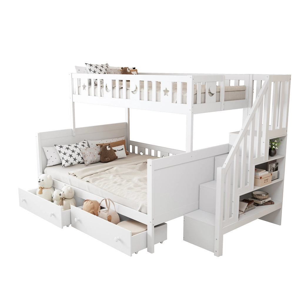 Letto a Castello 90×200 cm e 140×200 cm; Letto 3 Posti con Scala Contenitore e 2 Cassetti; senza Materasso