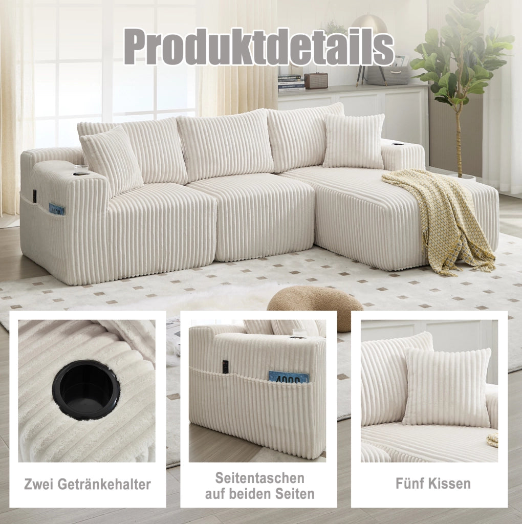 Divano modulare in velluto a coste beige con chaise longue
