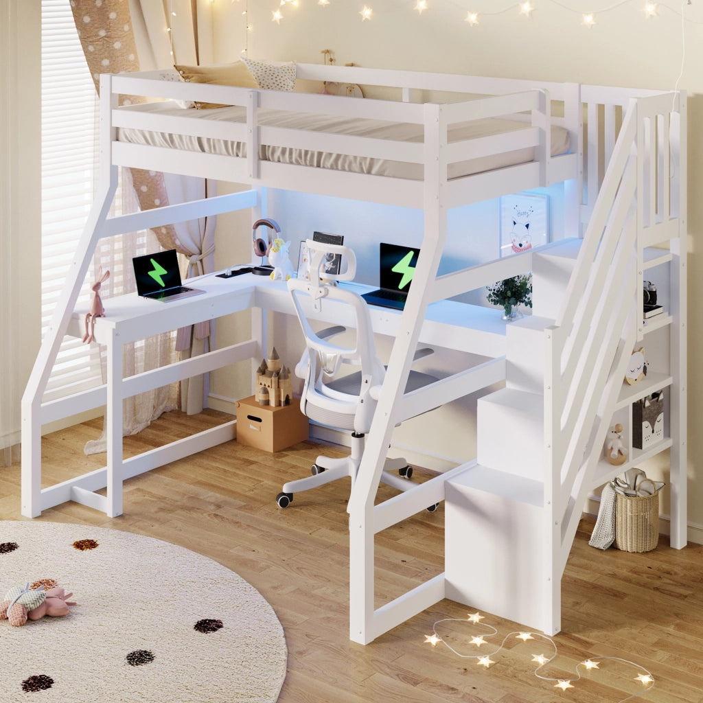 Letto a soppalco in legno 90 × 200 cm con scrivania, illuminazione LED, scala con contenitore, USB, senza materasso, bianco