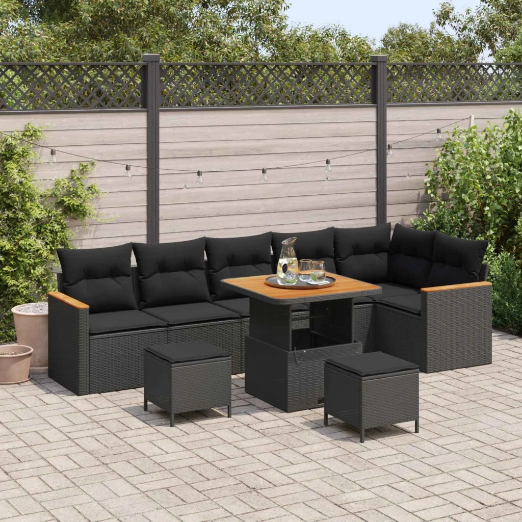 Set Divano da Giardino con cuscino 9 pcs Nero Poly Rattan