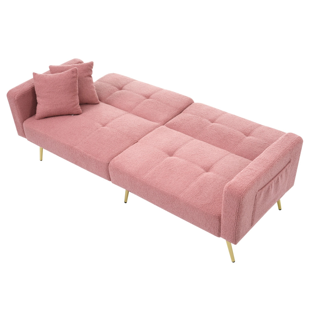OKWISH Divano Letto 3 Posti, Schienale Regolabile con Tasche Laterali, Struttura in Legno, Tessuto Effetto Sherpa Rosa