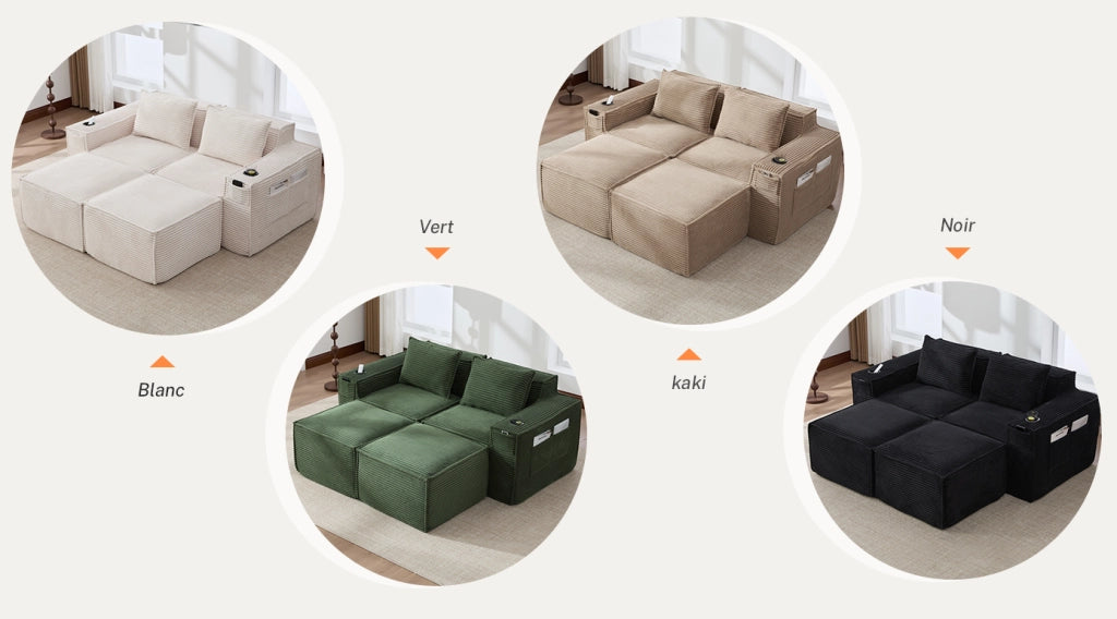 Divano modulare 2 posti con 2 pouf e portabevande in velluto a coste beige