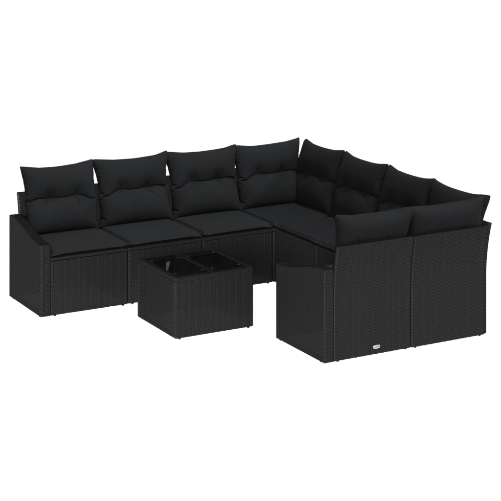 Set di divani da giardino 9 pezzi con cuscini in polyrattan nero