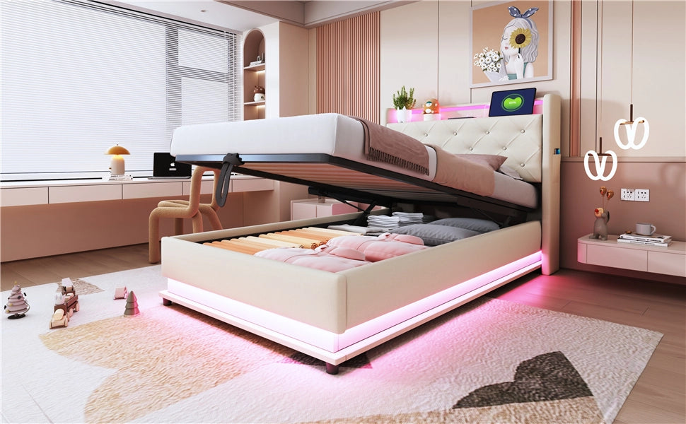 DESMIU Letto bambino 90 × 200 cm 1 piazza con contenitore, LED regolabili, USB e Type-C, senza materasso, lino beige