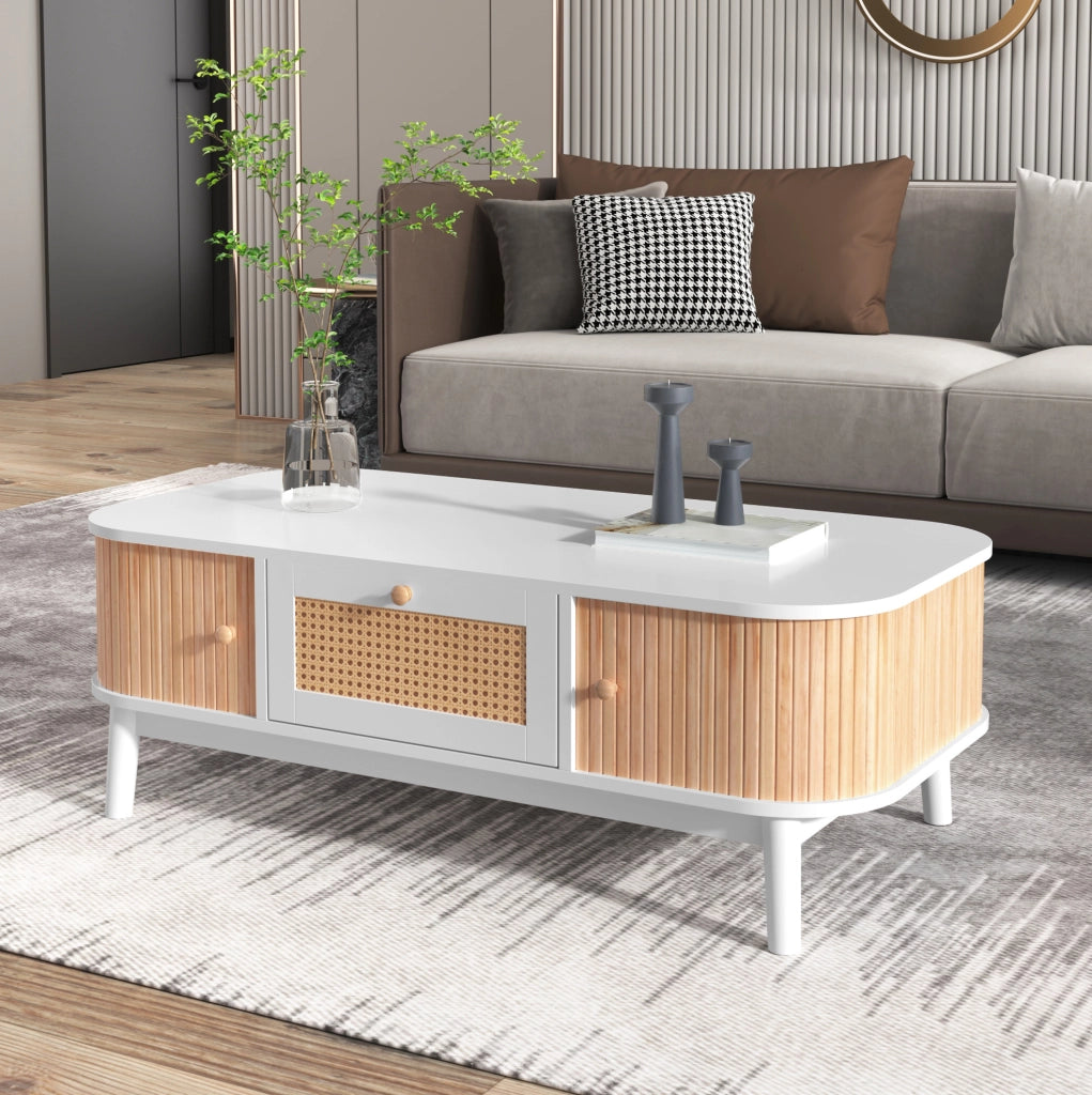 Tavolino da caffè 110x55 cm bianco e legno con contenitore