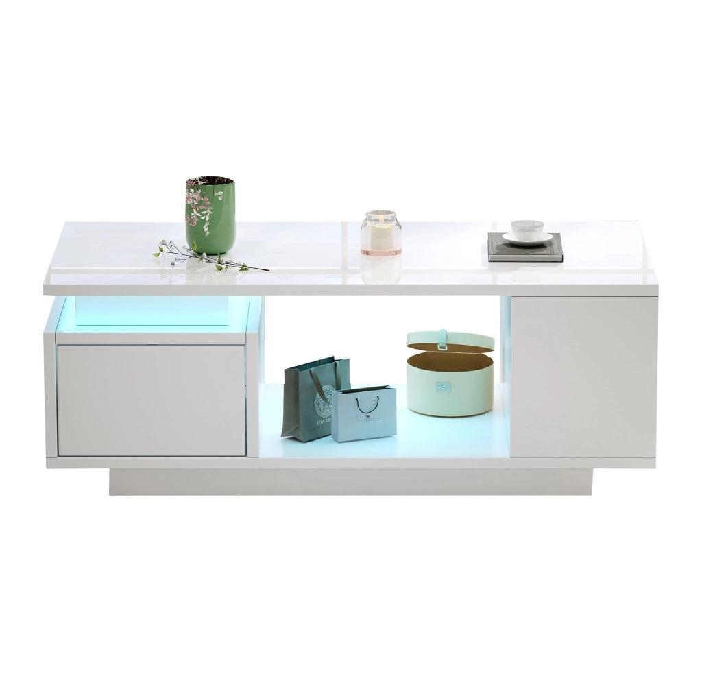 Tavolino da caffè 100x50x36 cm con cassetto; LED e finitura lucida; bianco