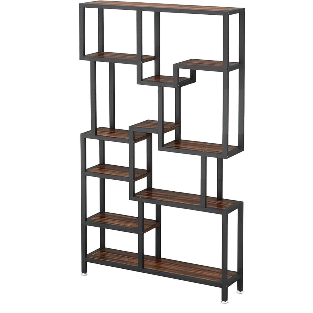 Libreria 100x30x180 cm a 7 ripiani aperti in metallo e truciolare nero e marrone rustico