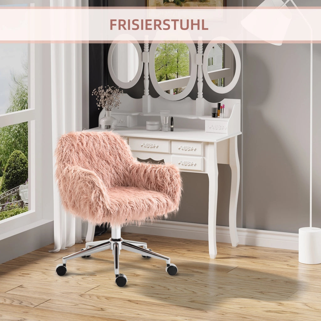 Sedia da ufficio in pelliccia sintetica con altezza regolabile, schienale ergonomico e braccioli in nylon rosa