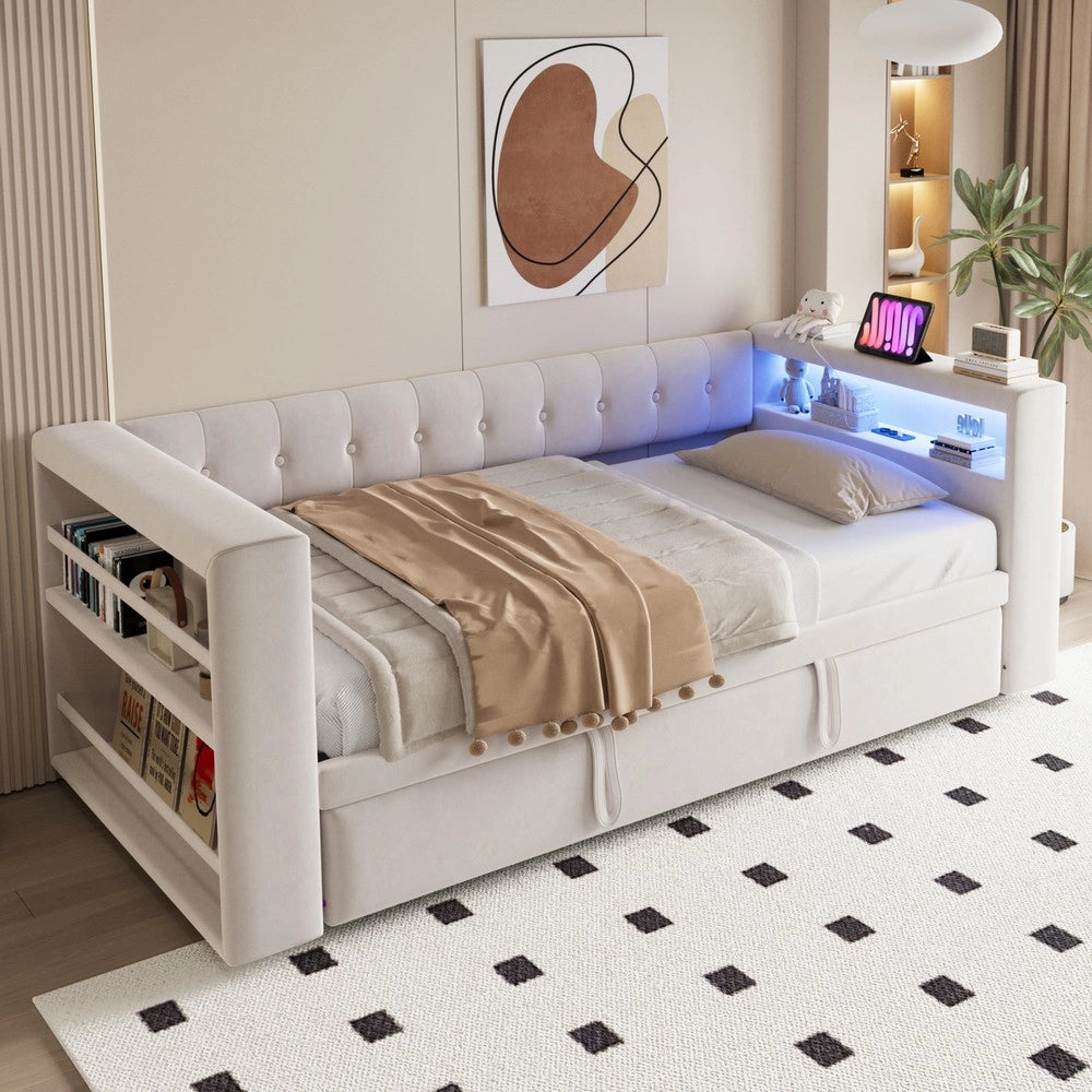 Letto imbottito 90x180x190 cm - Zephmum - LED, prese, ampio stoccaggio, beige