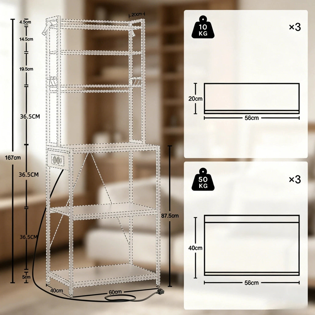 Scaffale cucina con prese, 6 ripiani e 6 ganci, rovere chiaro