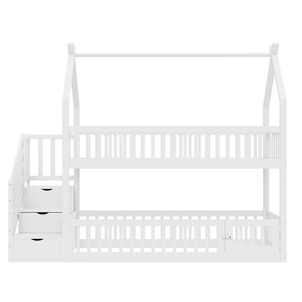 Letto a castello-Xylo-90x200cm, tetto, cassetti, scala, legno massello