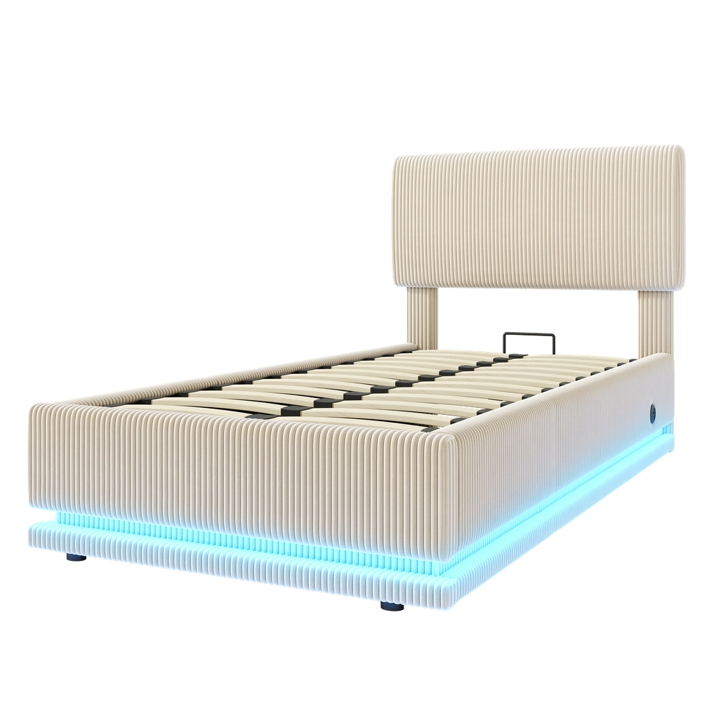 Letto Imbottito con LED, USB-C, Testiera Regolabile e Contenitore ¨C MINIMAL ¨C Velluto a Coste, 90x200, Beige