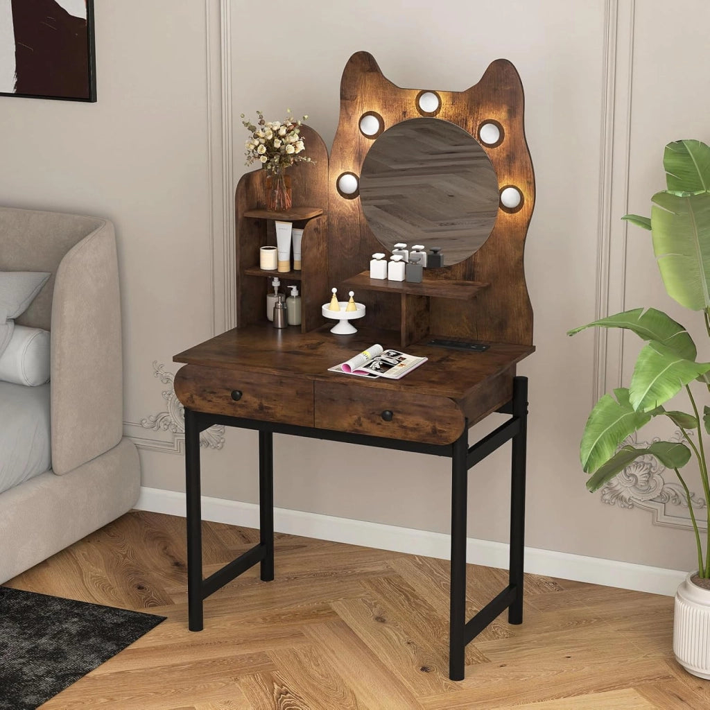 Toeletta da Trucco con Luci, Tavolo Trucco a Forma di Gattino, Illuminazione Regolabile a 3 Modalità, Scaffali Aperti e 2 Cassetti, Stazione di Ricarica Integrata (Marrone)