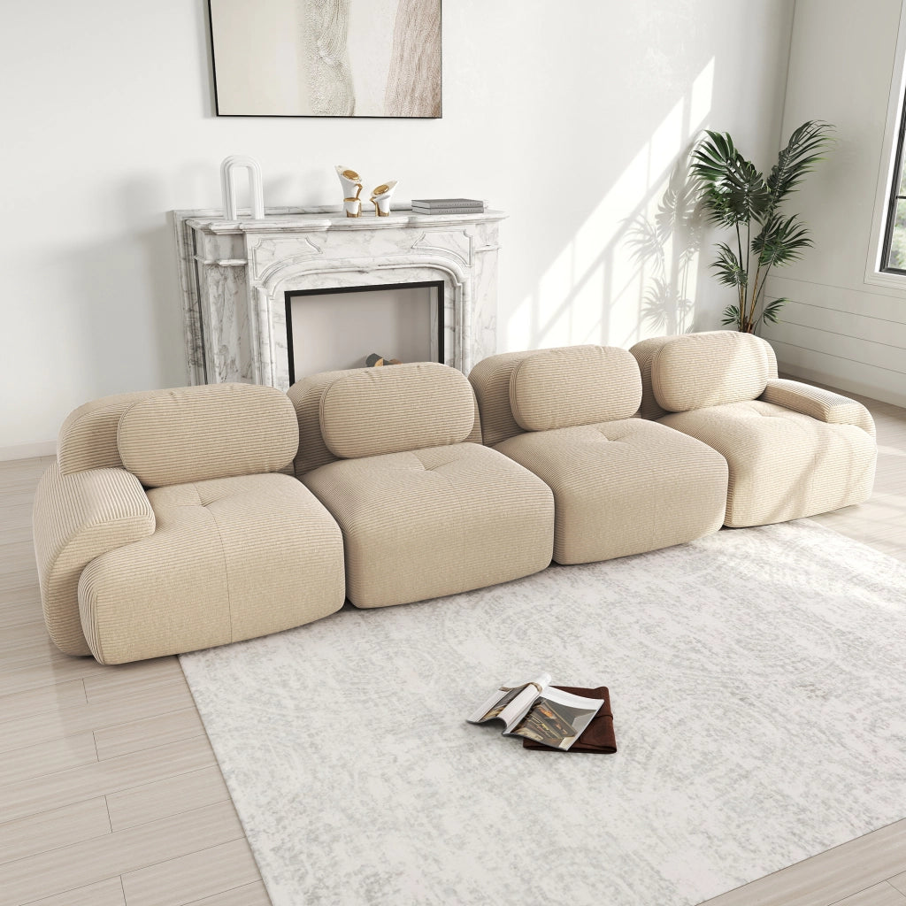 Divano angolare modulare senza struttura; schiuma ad alta densitÃ  32D; braccioli curvi; in velluto a coste; beige