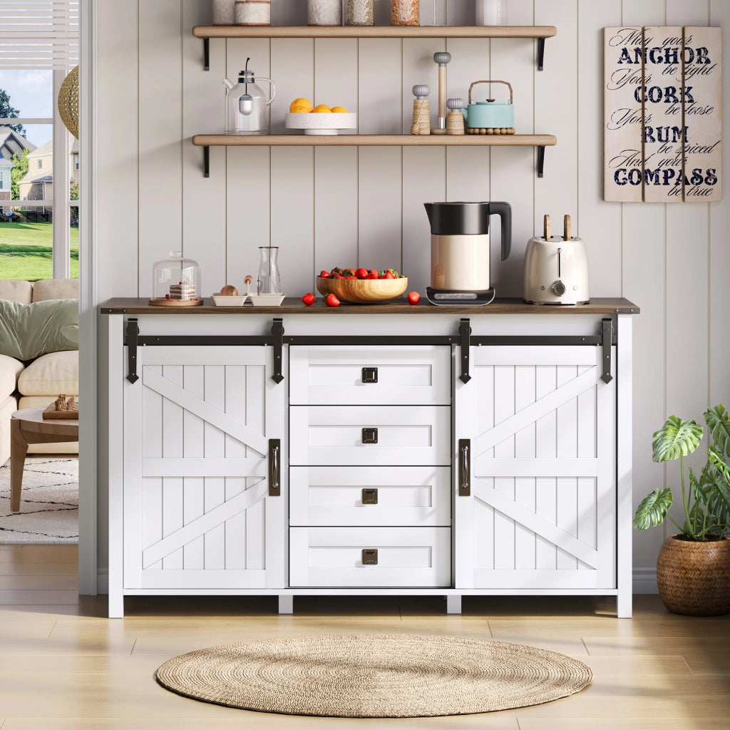 Credenza sideboard con 2 ante scorrevoli e 4 cassetti, 137 cm, bianco, in MDF