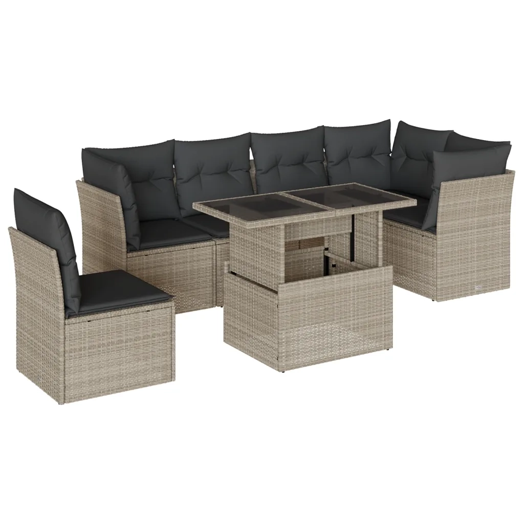 Set Divani da Giardino 7pz con Cuscini Grigio Chiaro Polyrattan