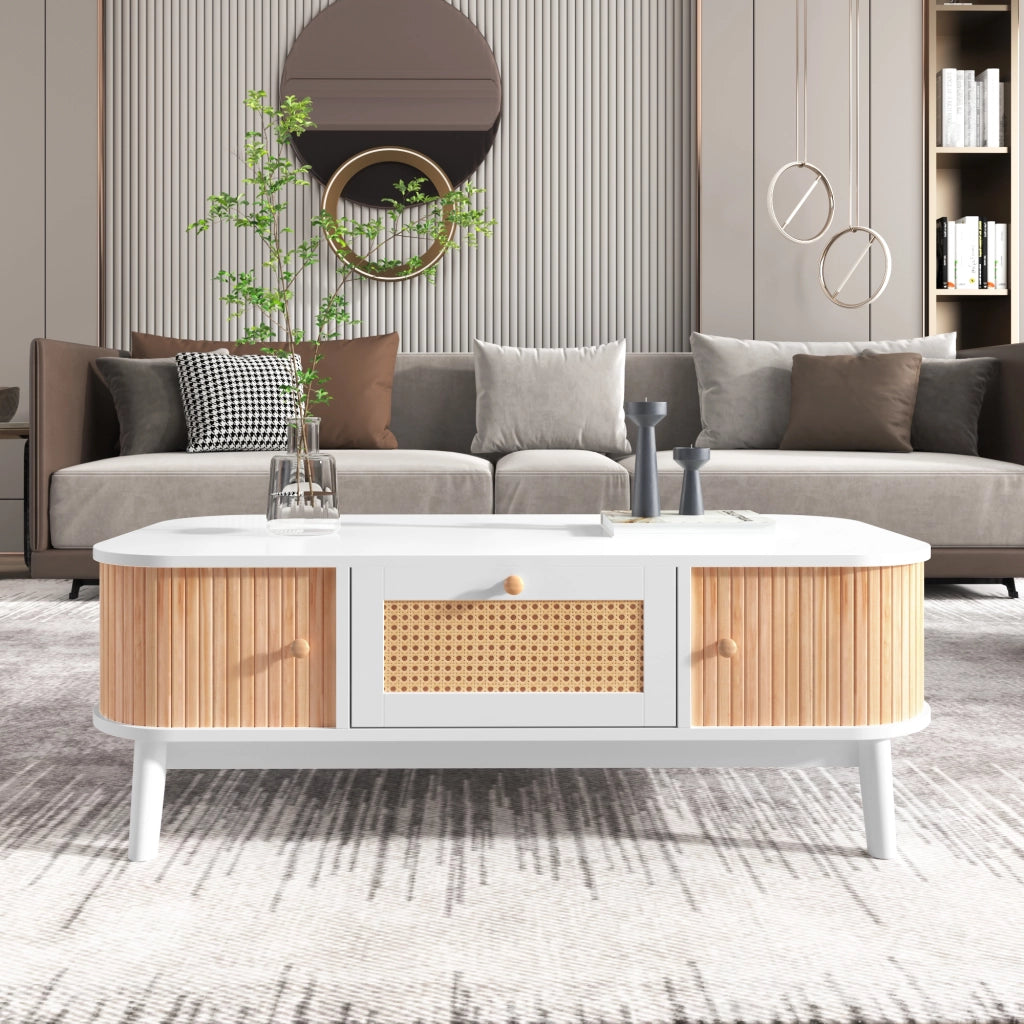Tavolino da Caffè con 2 Cassetti in Rattan e Ante Scorrevoli; Gambe in Legno Massello; in MDF; Bianco; 110×55×38;5 cm