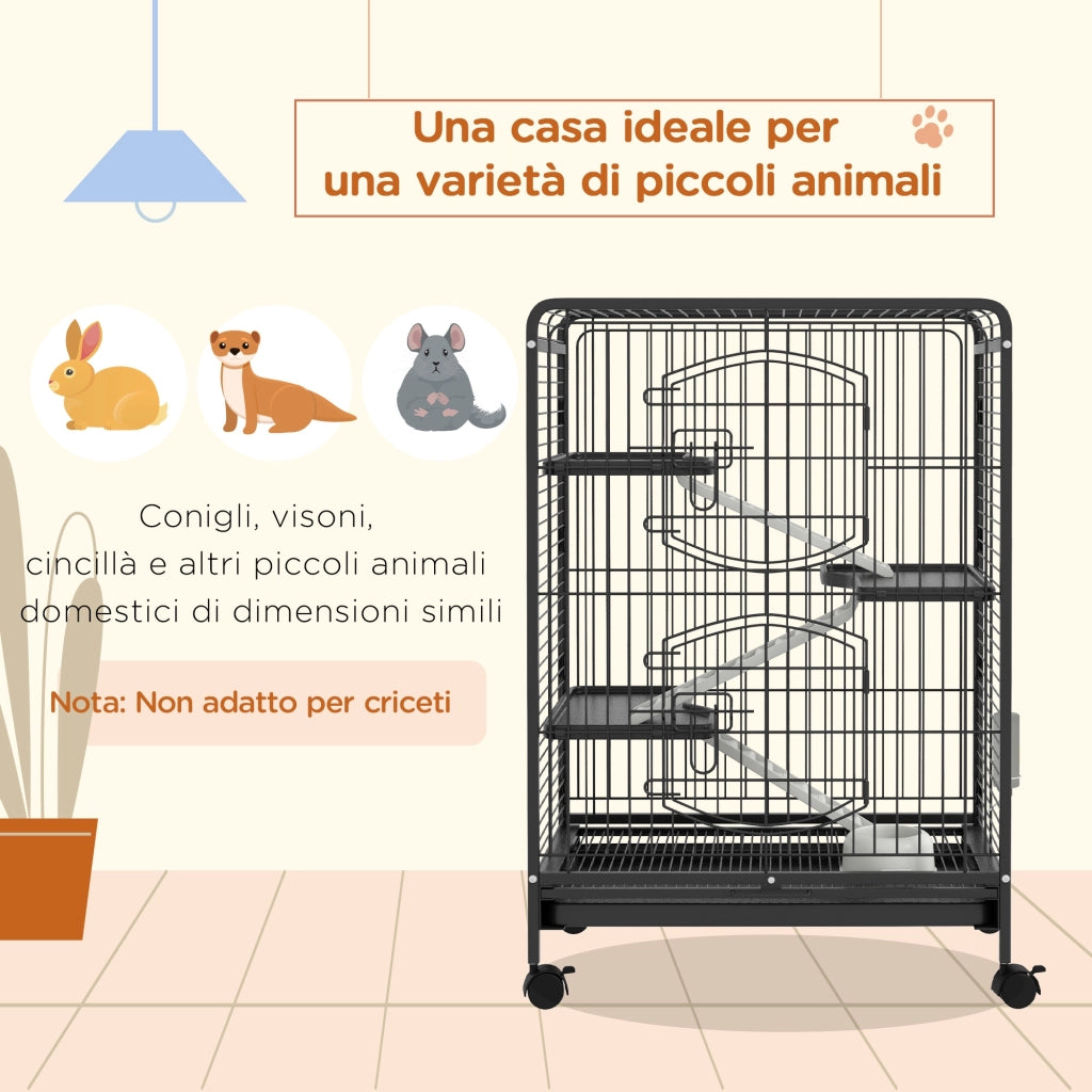 Gabbia per Piccoli Animali con Ruote ¨C zephmum ¨C 3 Rampe, 3 Piattaforme, Nero, 61.5x44x95 cm