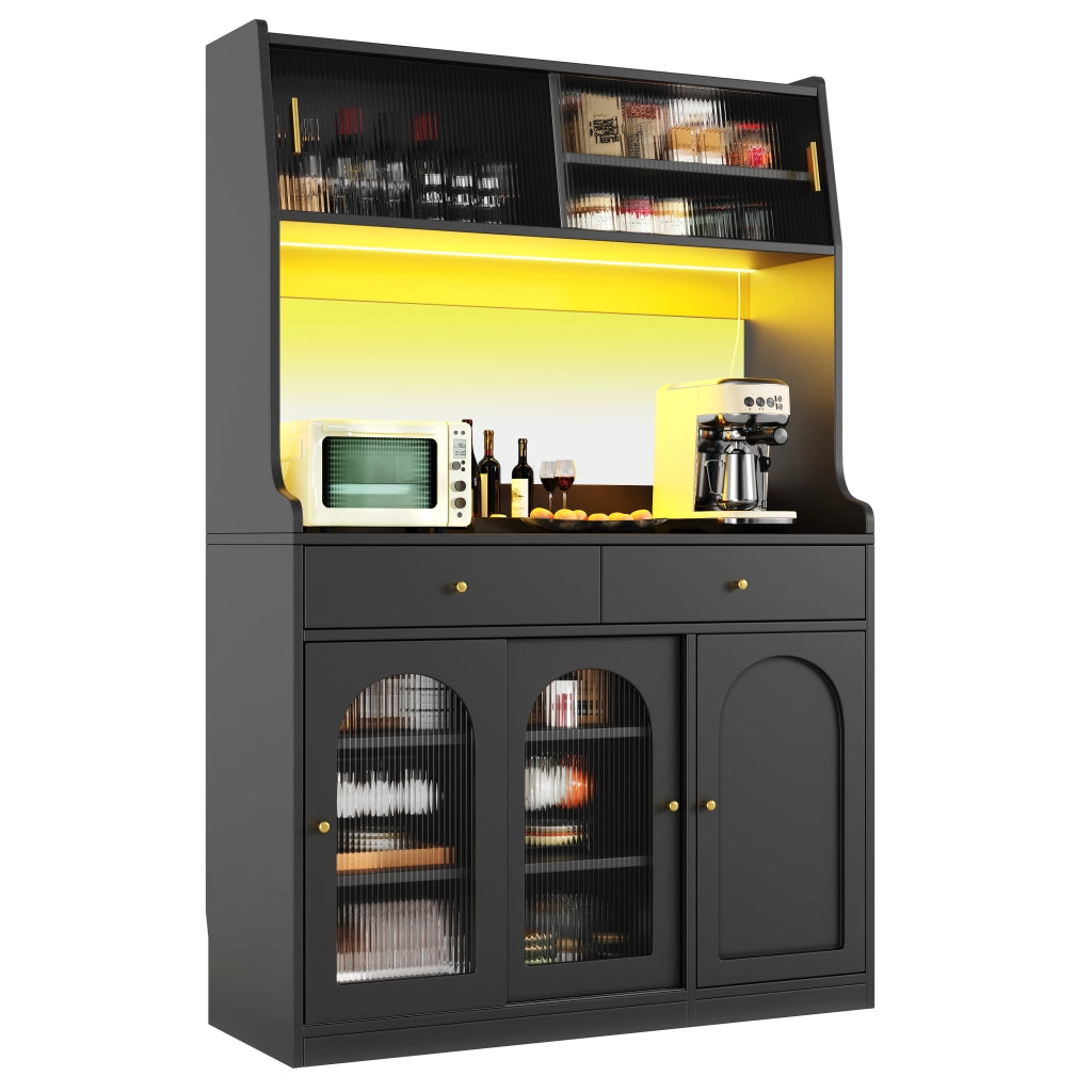 Credenza Alta da Cucina con 2 Cassetti e Ripiani Regolabili con LED per Cucina in MDF e Pannelli di Particelle Nero 120x40x180 cm