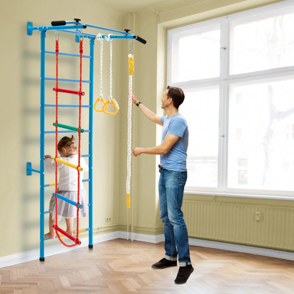 Set di sbarre in acciaio da parete per bambini, Sbarra per trazioni con scala a corda anelli da ginnastica Blu-Giocattoli educativi