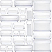 Set di organizzatori per cassetti da 25 pezzi, sistema di organizzazione per cassetti, 4 misure, contenitori per cosmetici per tavoli da toeletta, distributore di cassetti variabile, scatole di archiviazione per cucina, ufficio, bagno, scrivania, trucco