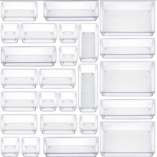 Set di organizzatori per cassetti da 25 pezzi, sistema di organizzazione per cassetti, 4 misure, contenitori per cosmetici per tavoli da toeletta, distributore di cassetti variabile, scatole di archiviazione per cucina, ufficio, bagno, scrivania, trucco