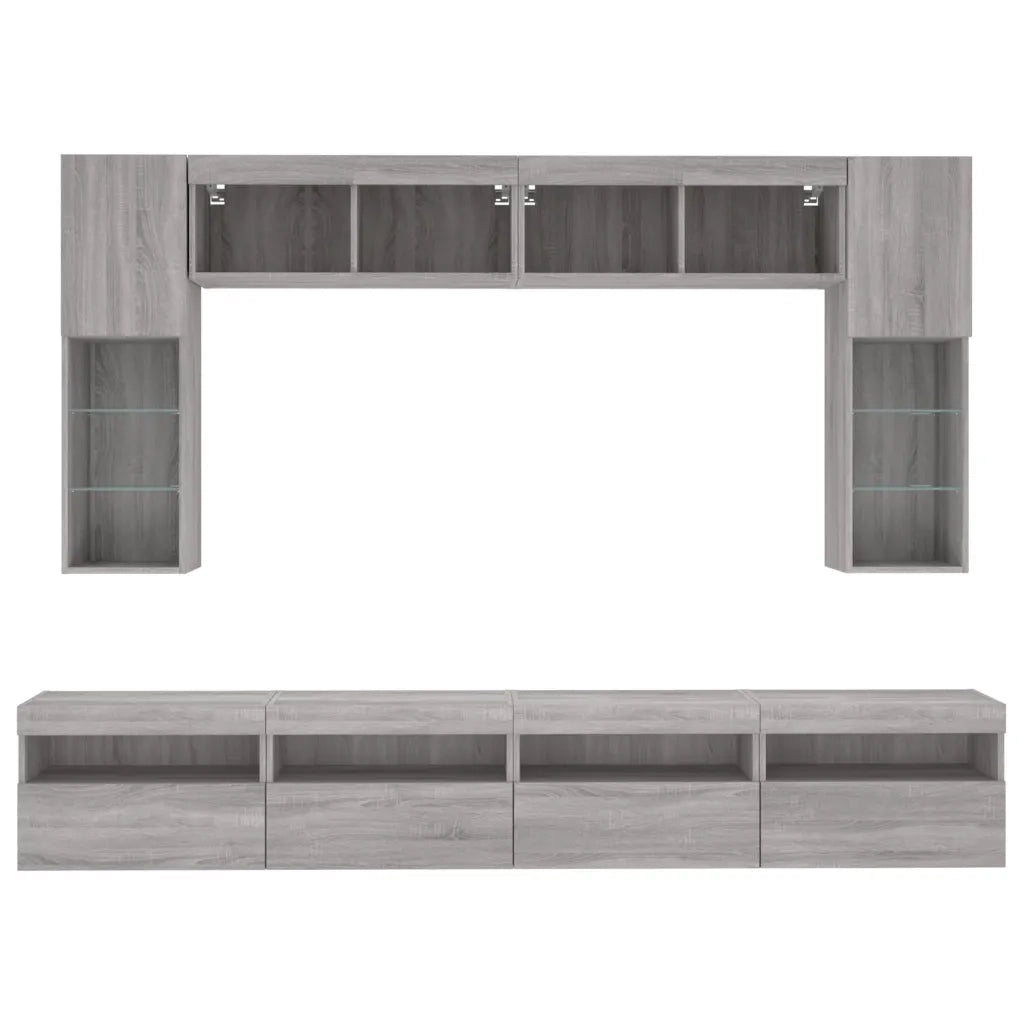 Set Mobili TV a Muro 8 pz con Luci LED Grigio Sonoma