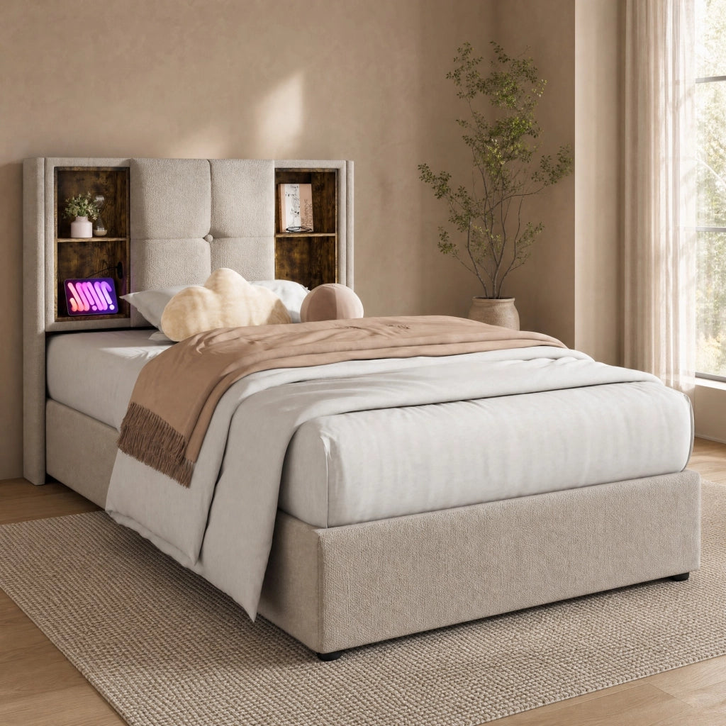 Letto singolo imbottito 90x200 cm in lino naturale con ricarica wireless; USB e contenitore