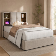 Letto singolo imbottito 90x200 cm in lino naturale con ricarica wireless; USB e contenitore
