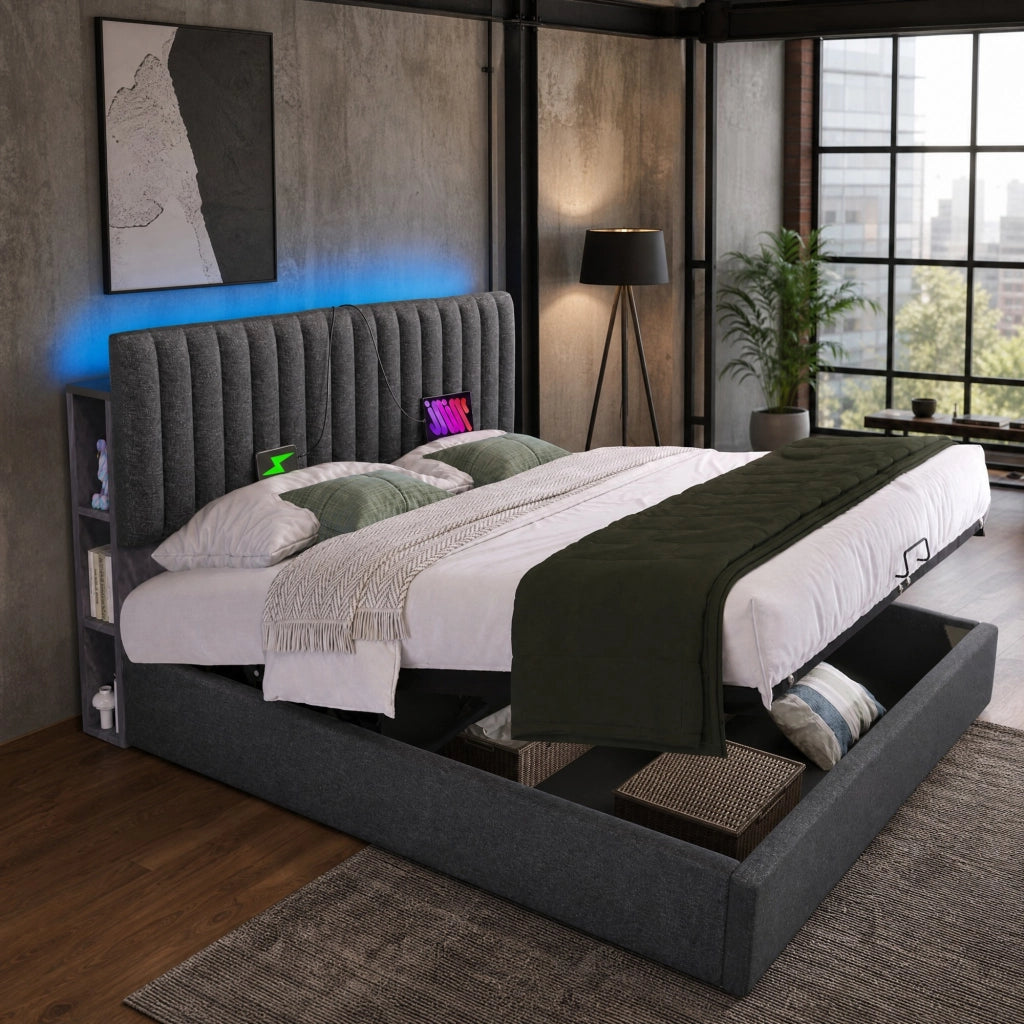 Letto matrimoniale imbottito 140x200 cm con contenitore, LED App-Control, USB e Type-C, grigio, con materasso