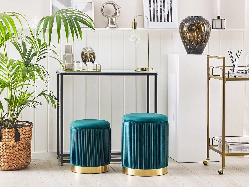 Set di 2 pouf portaoggetti Rivestimento in velluto di poliestere blu turchese Base dorata Design moderno Ciuffo orizzontale Soggiorno pezzo