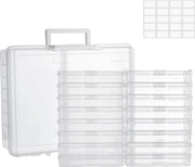 Scatola di conservazione per foto con 16 supporti per foto interne, copertura per foto grande da 17 x 12 cm, scatole di conservazione trasparenti per la conservazione di cartoline, giocattoli, attrezzi per hobby, adesivi, 1 x adesivo.
