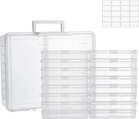 Scatola di conservazione per foto con 16 supporti per foto interne, copertura per foto grande da 17 x 12 cm, scatole di conservazione trasparenti per la conservazione di cartoline, giocattoli, attrezzi per hobby, adesivi, 1 x adesivo.
