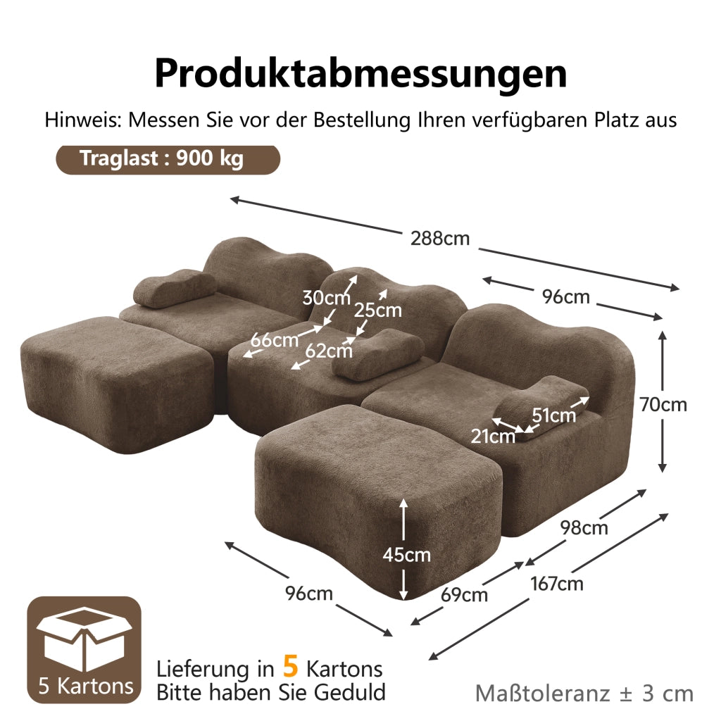 Divano modulare angolare a U con 2 pouf; imbottitura in schiuma 32D; velluto marrone