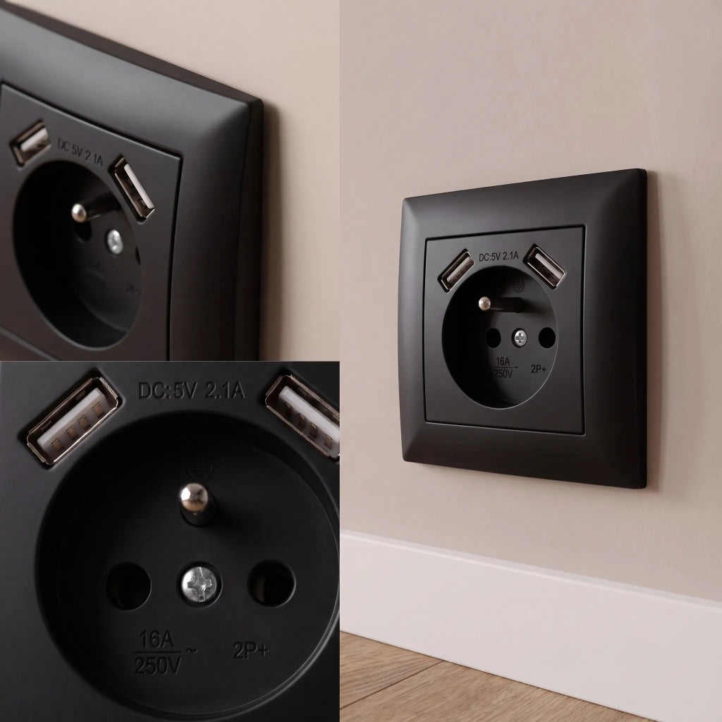 Presa Singola Con Messa A Terra + 2x Usb-a Oste Jnh003-g Black