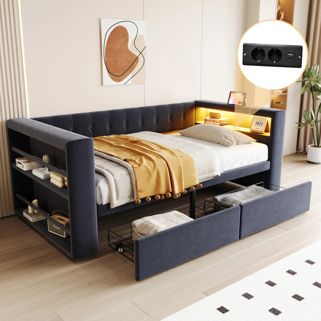 Letto singolo imbottito 90×190 cm con LED; prese e 2 cassetti; senza materasso; grigio scuro